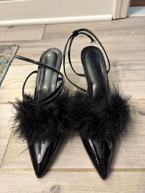 Black Feather-Trim Pointed Toe Slingback Heels